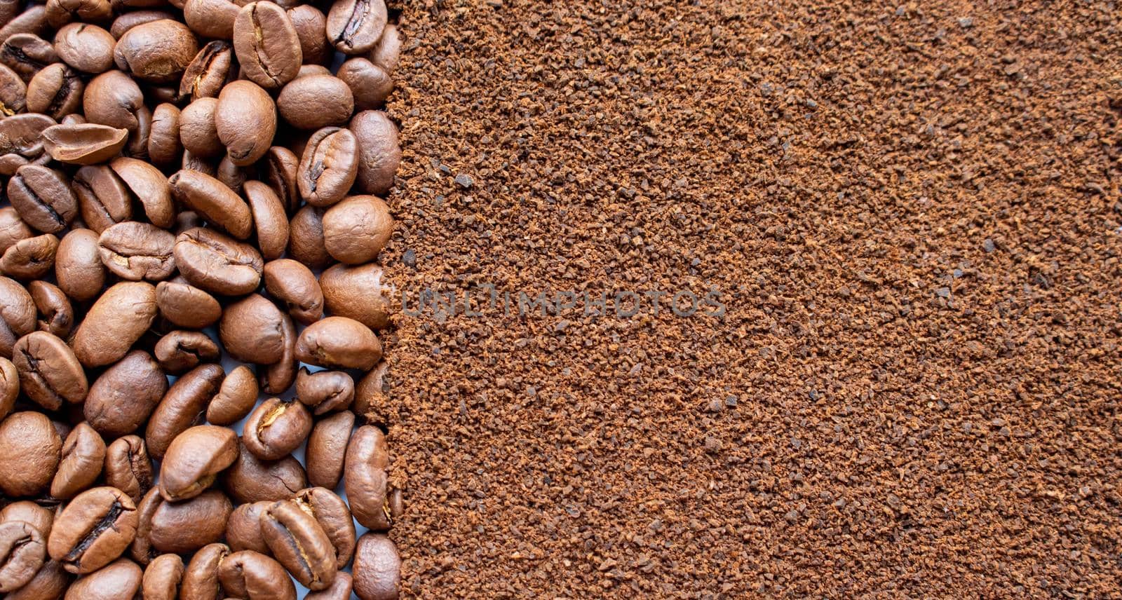 Image of coffee beans and ground instant coffee. Background of coffee beans and coffee powder. by lapushka62