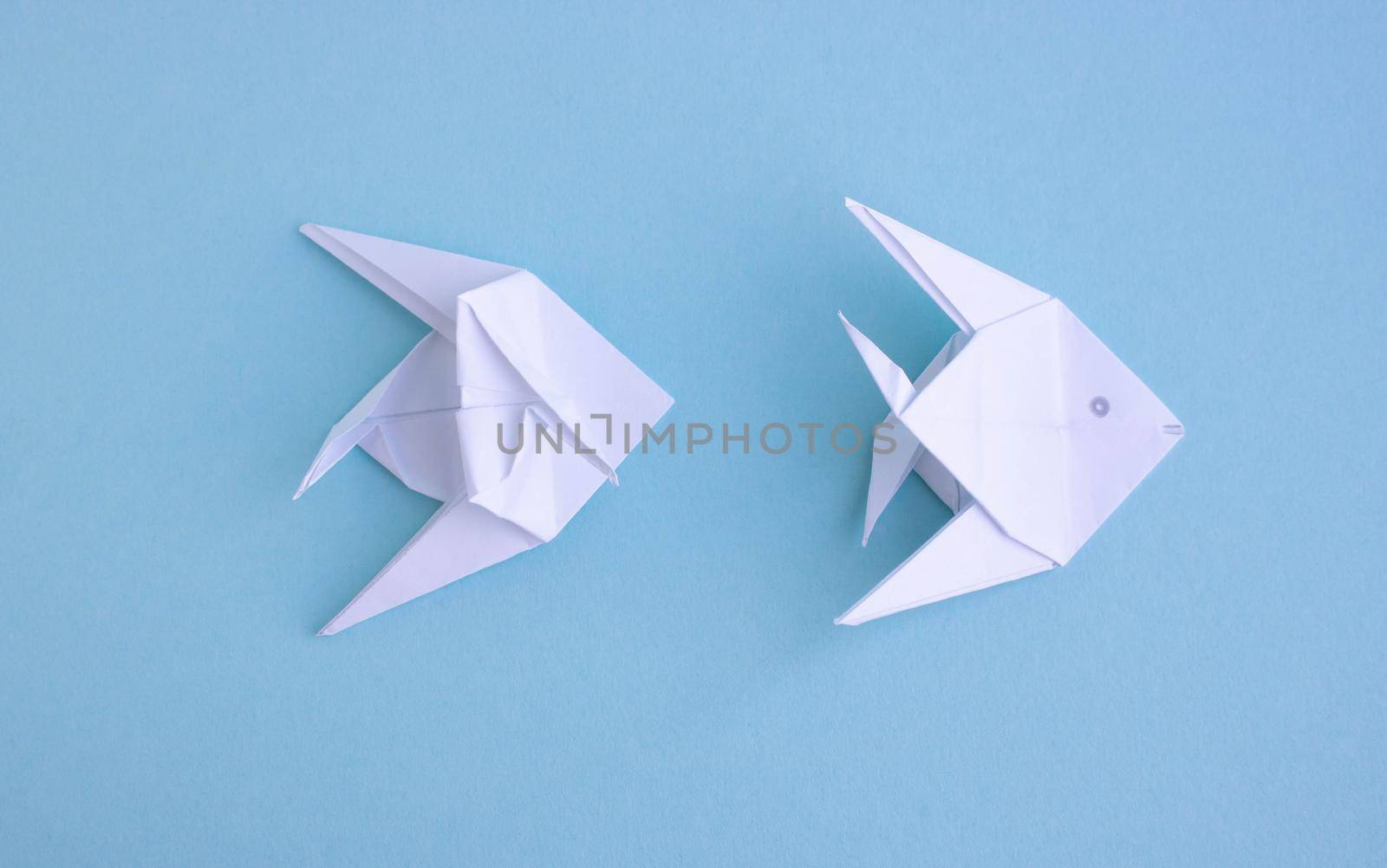 Handmade white trendy geometric polygonal paper origami fish on blue background.Step 3. Horizontal poster. by lapushka62