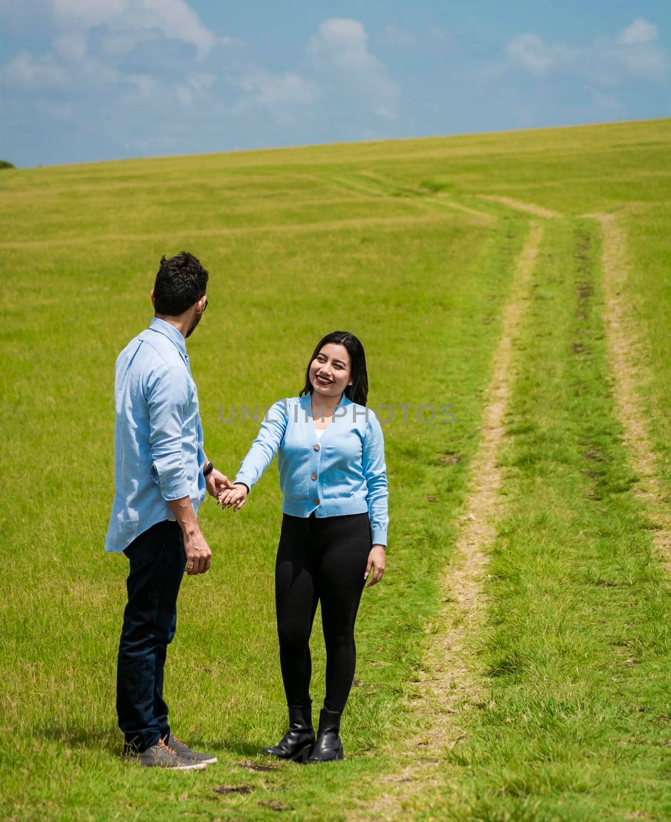 Beautiful couple holding hands looking at each other in the field, two lovers in the field holding hands, two people holding hands in the field