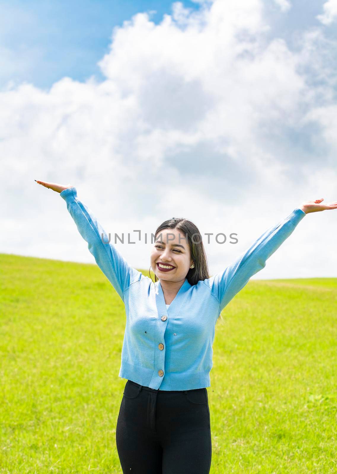 Smiling young woman spreading her arms in the field, concept of free woman spreading her hands, Attractive girl spreading her arms in the field