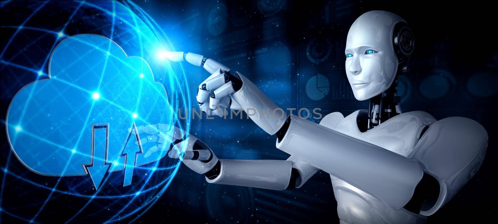 AI robot using cloud computing technology to store data on online server . Futuristic concept of cloud information storage analyzed by machine learning process . 3D rendering illustration .