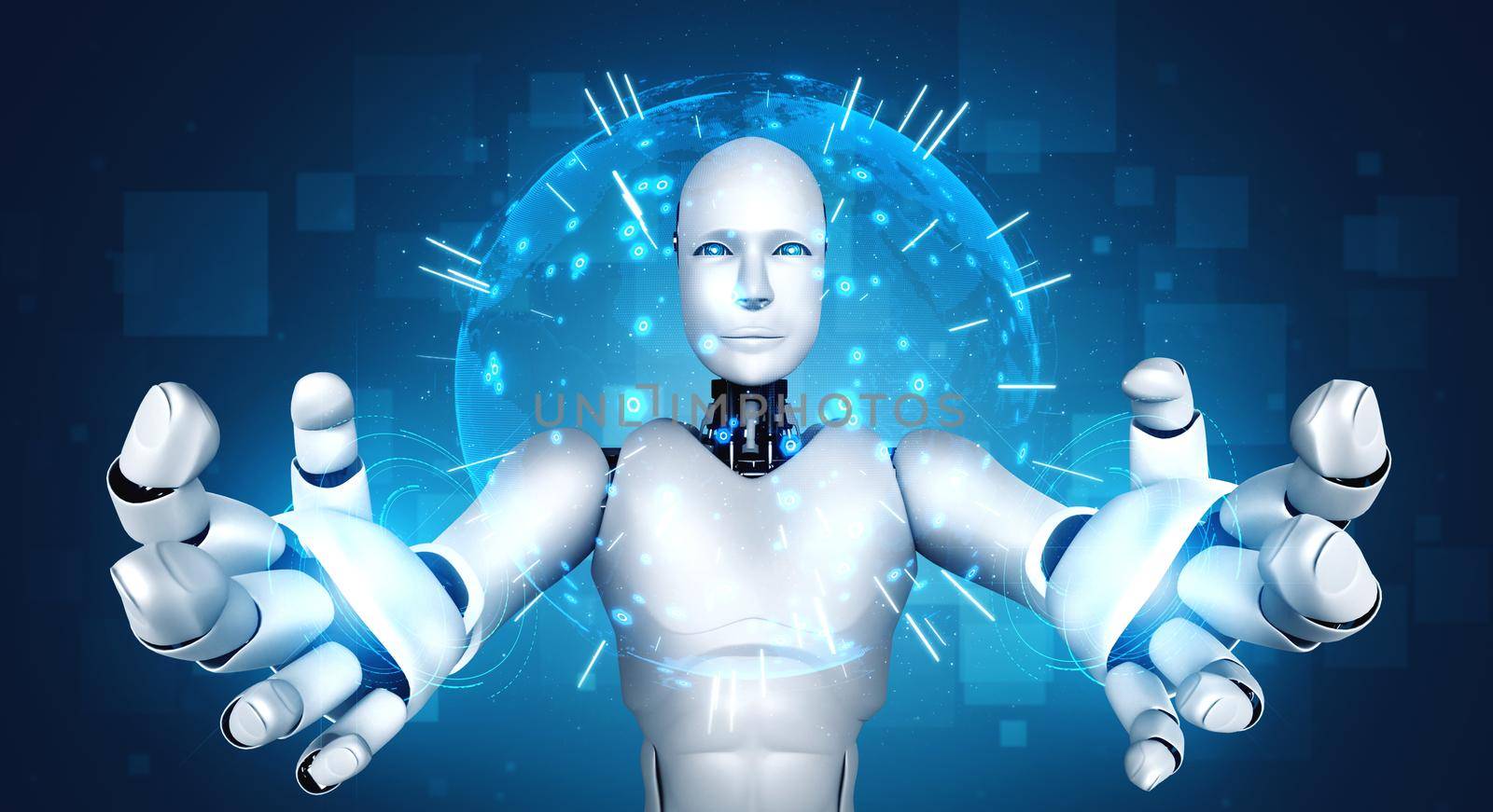 AI humanoid robot holding hologram screen shows concept of global communication by biancoblue
