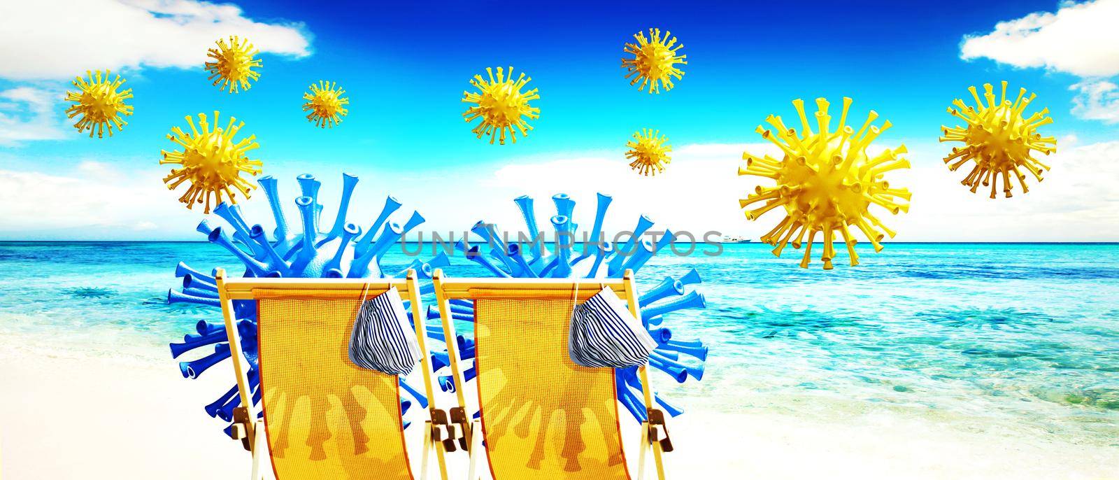Pair of beach chairs with Coronavirus on vacation by Taut