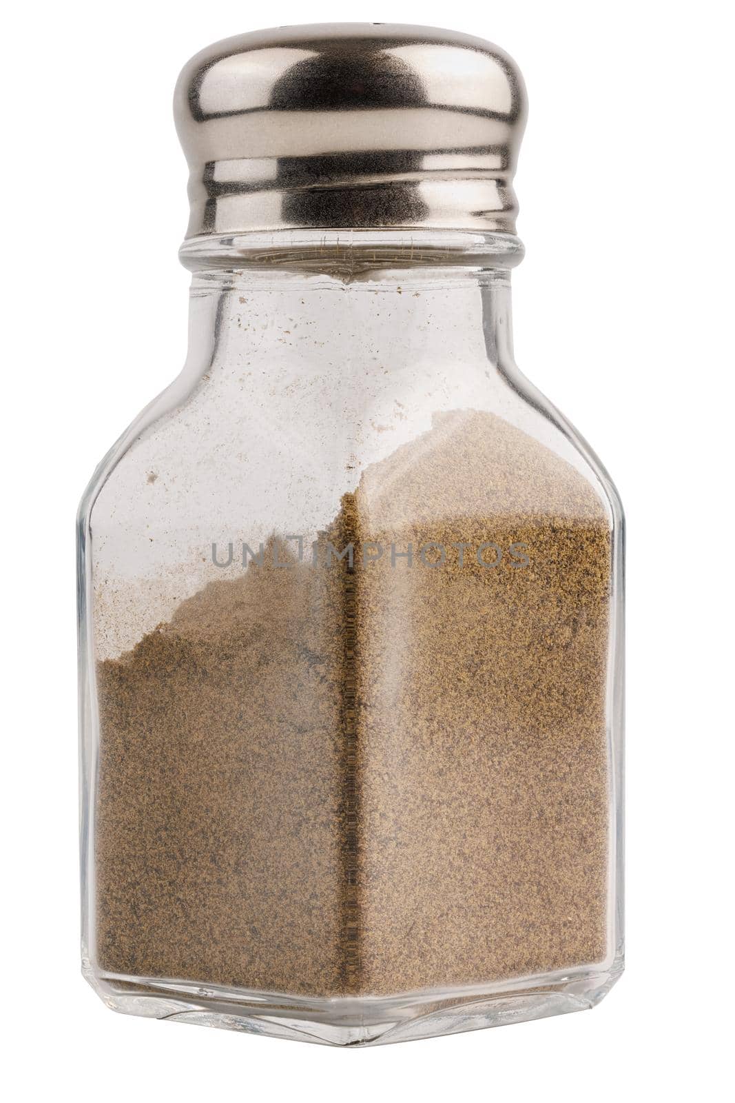glass pepper pot with powdered black pepper inside isolated on white background with clipping path