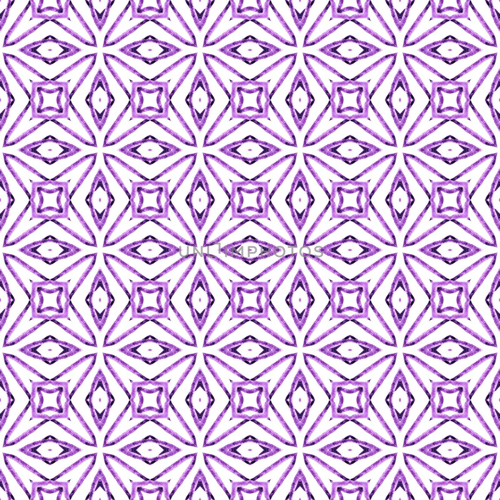 Textile ready pretty print, swimwear fabric, wallpaper, wrapping. Purple impressive boho chic summer design. Ethnic hand painted pattern. Watercolor summer ethnic border pattern.