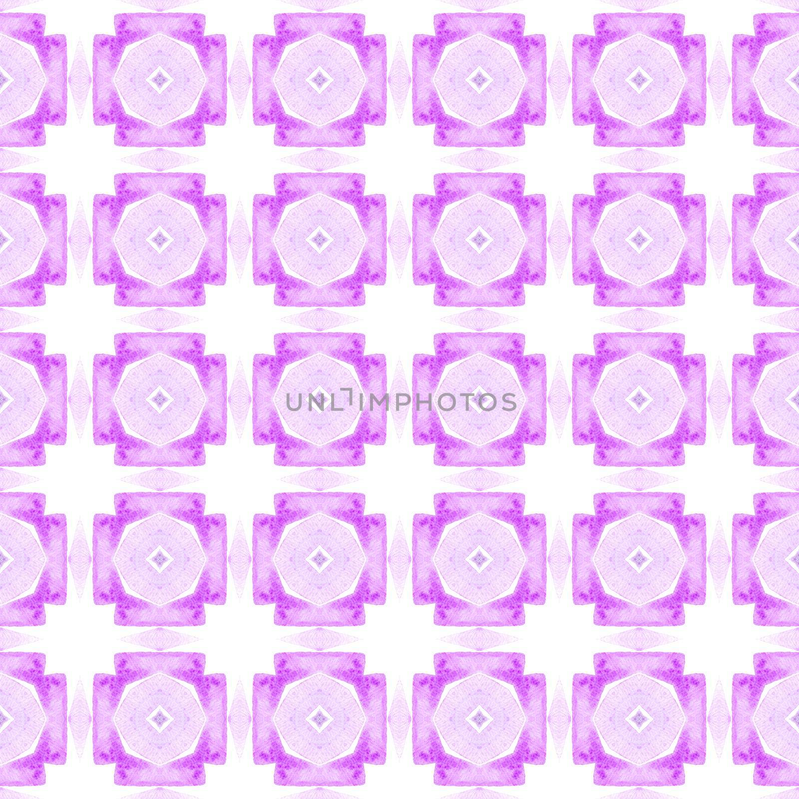 Medallion seamless pattern. Purple adorable boho chic summer design. Textile ready mesmeric print, swimwear fabric, wallpaper, wrapping. Watercolor medallion seamless border.