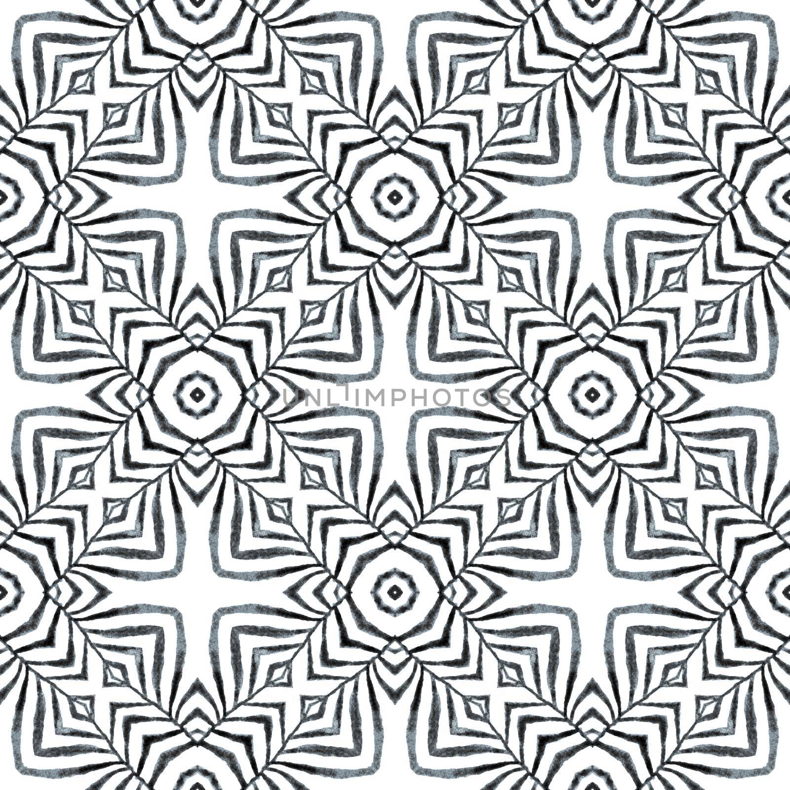 Mosaic seamless pattern. Black and white breathtaking boho chic summer design. Textile ready eminent print, swimwear fabric, wallpaper, wrapping. Hand drawn green mosaic seamless border.