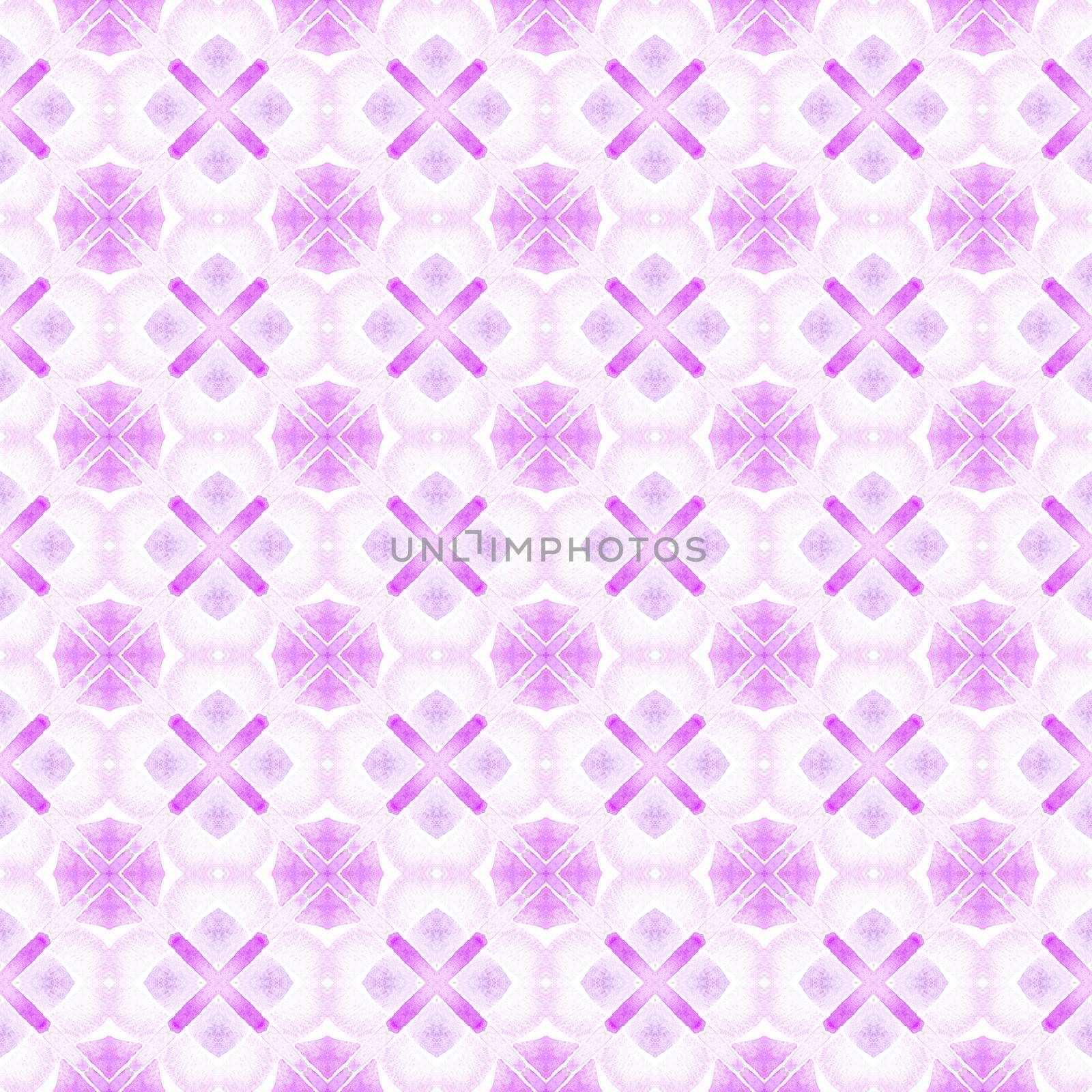 Textile ready terrific print, swimwear fabric, wallpaper, wrapping. Purple lively boho chic summer design. Hand painted tiled watercolor border. Tiled watercolor background.