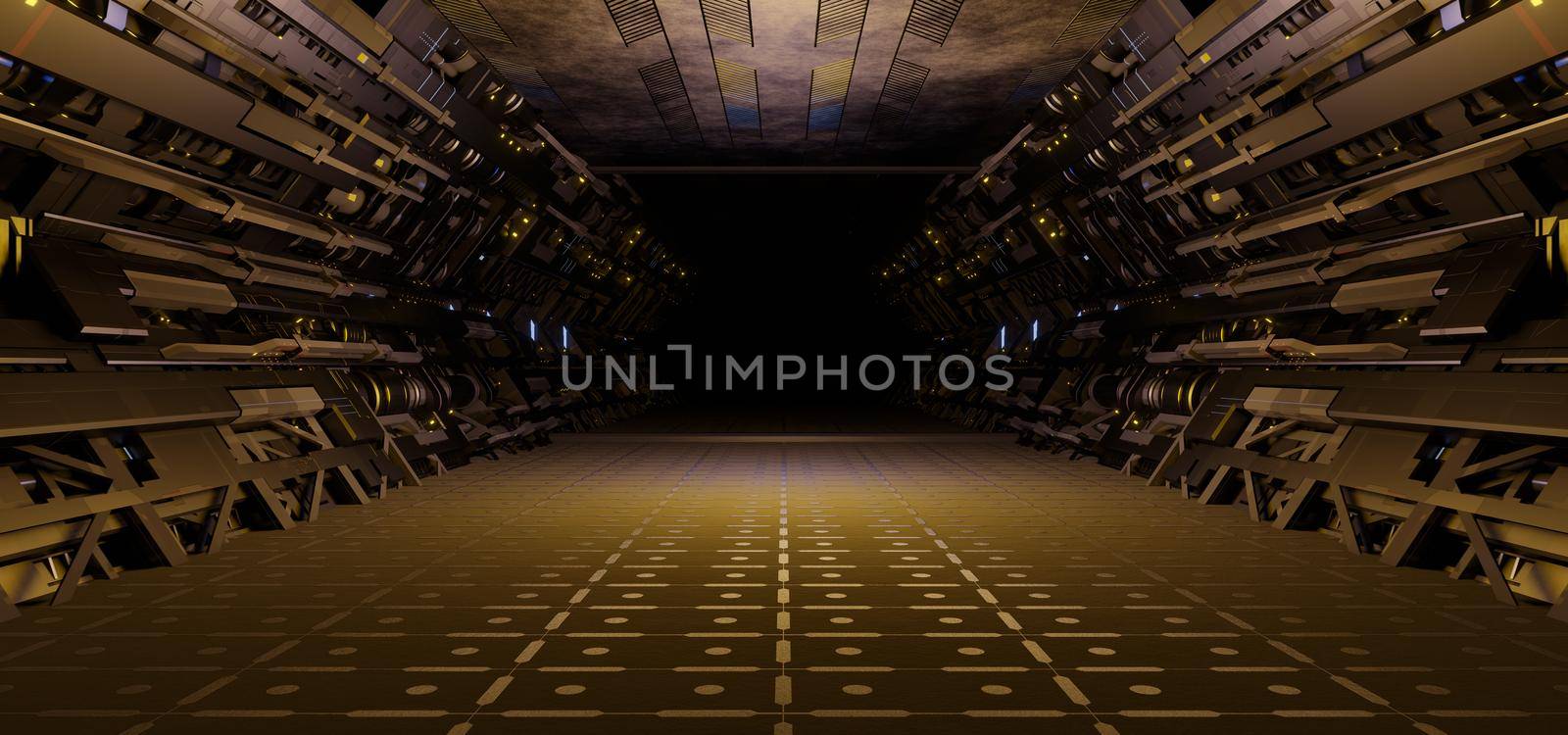 Futuristic corridor in a sci-fi fantasy space ship or station. 3D illustration. by yay_lmrb