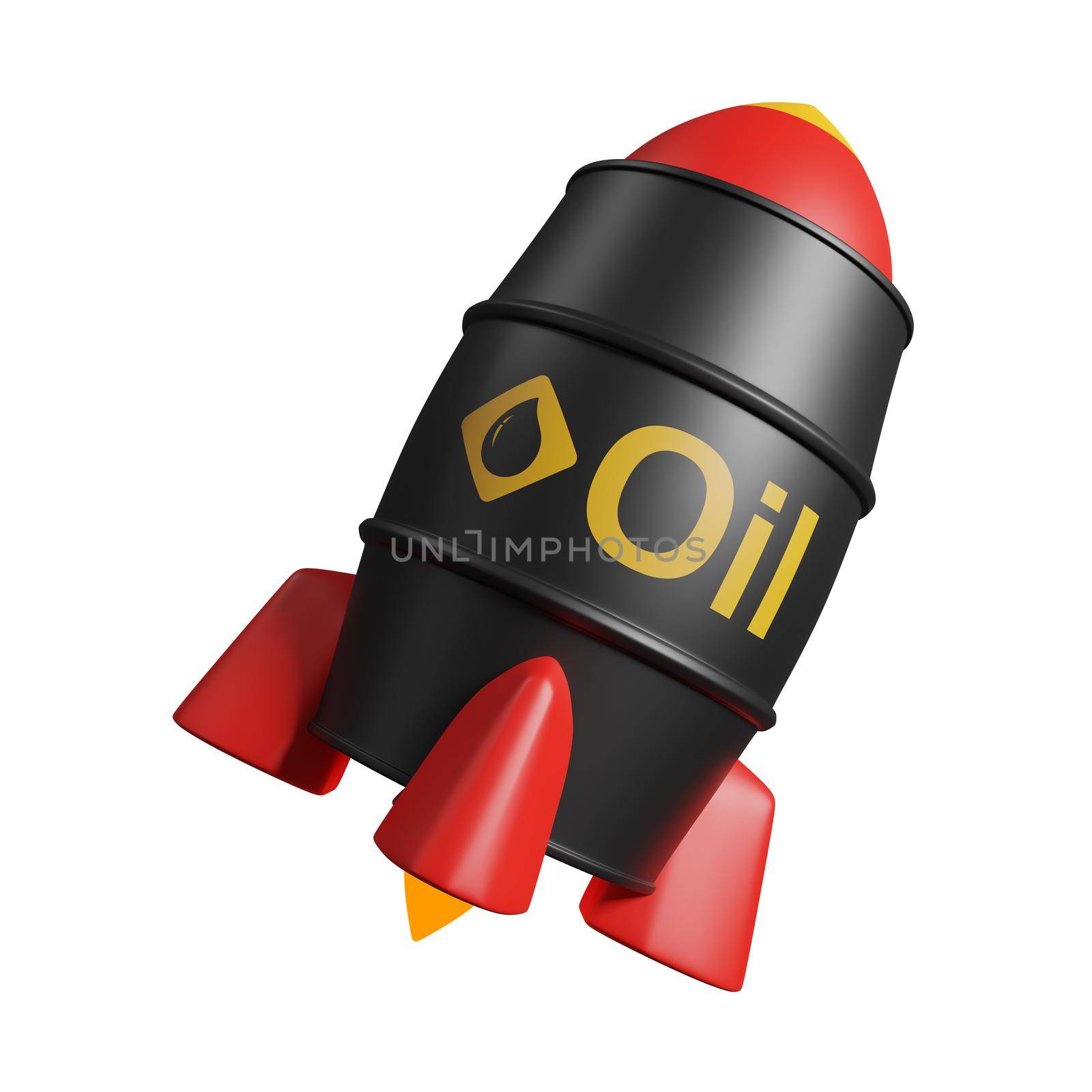 Crude oil price concept design of oil barrel rocket isolated on white background 3D render by Myimagine