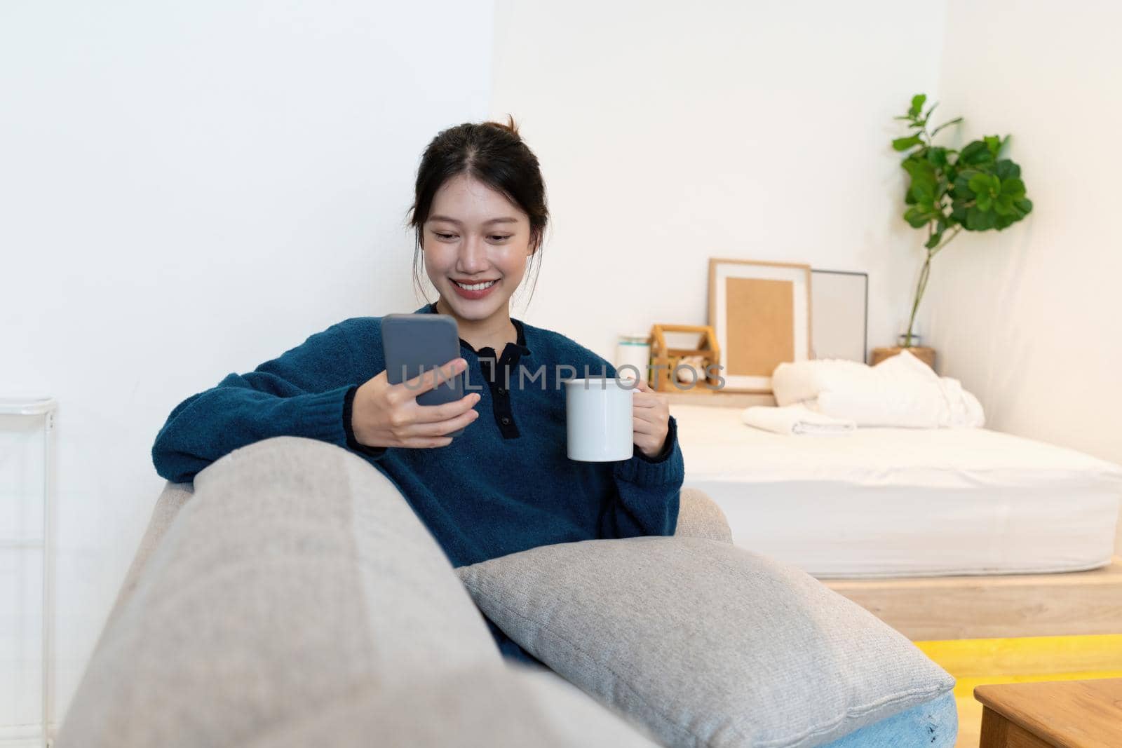 Portrait of Young Asian woman chatting with her friend and checking social media by smartphone sitting on couch. Lifestyle concept