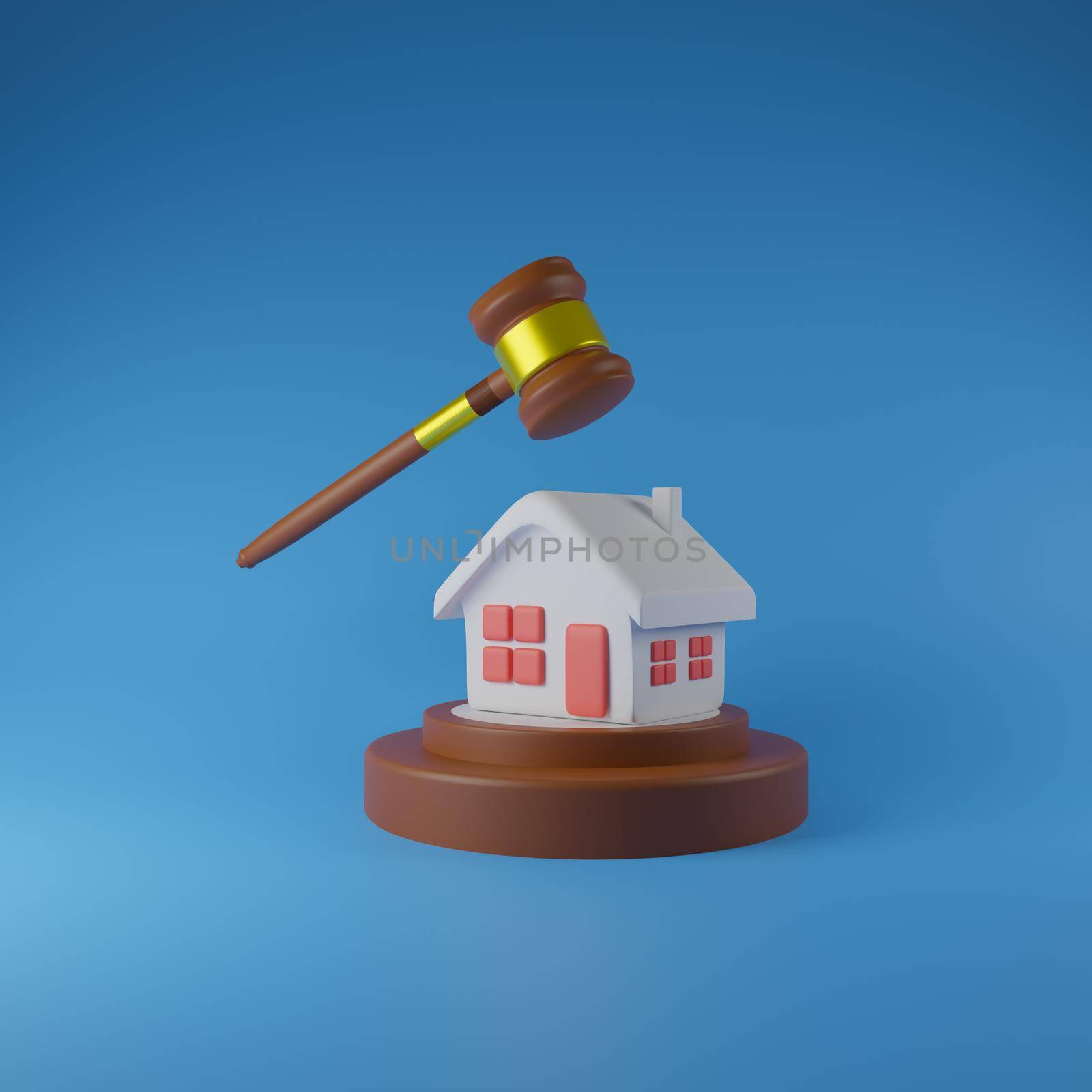 3D Lawyer and 3D Real Estate concept. House model and Hammer Lawyer. 3d render illustration