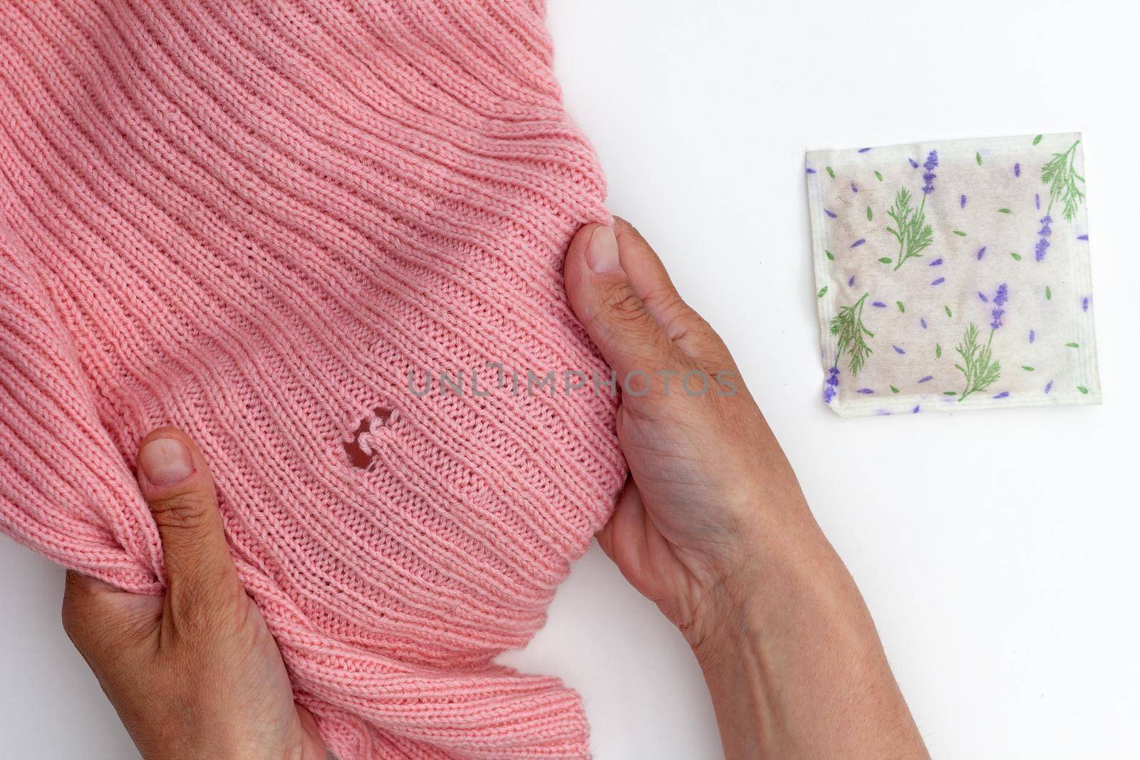 Top view of cropped woman hands holding pink wool fabric with hole made by moth and bag with dried lavender on white background