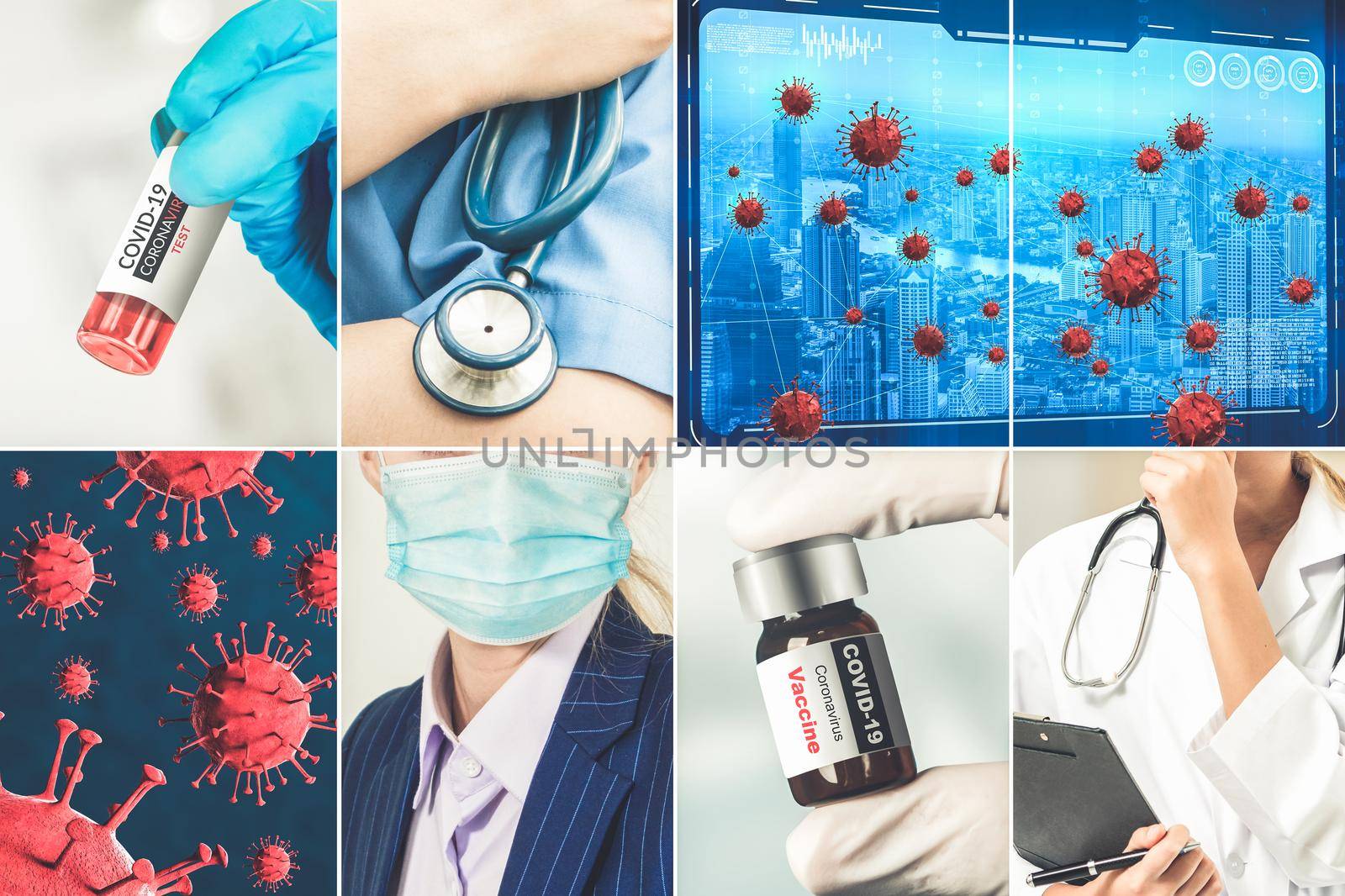 Coronavirus COVID-19 photo set banner in concept of medical treatment including medicine, vaccine and doctor service to prevent, treat and cure covid-19 or 2019 Coronavirus Disease.