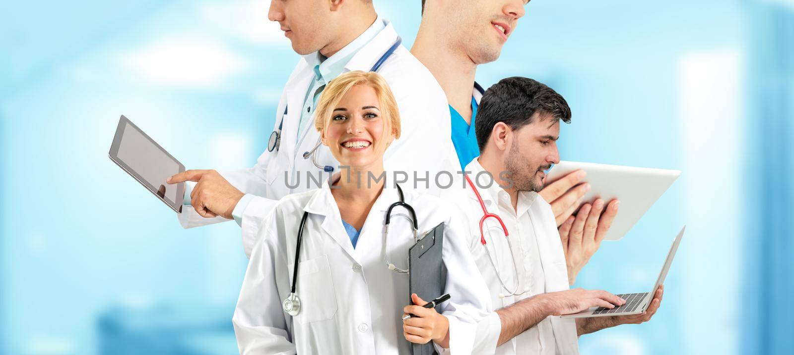 Healthcare people group portrait in creative layout. Professional medical staff, doctors, nurse and surgeon. Medical technology research institute and doctor staff service concept.