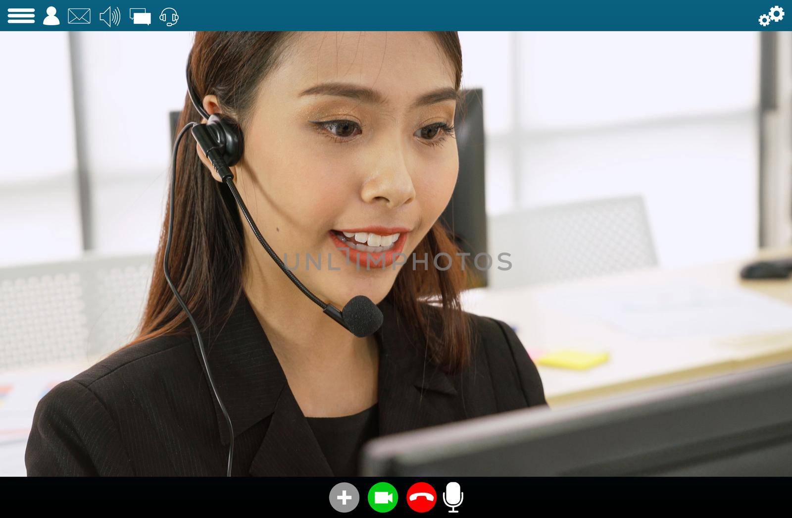 Business people meeting in video conference app on laptop monitor view . Online seminar application presented in cropped view of computer screen . Communication technology for corporate working .