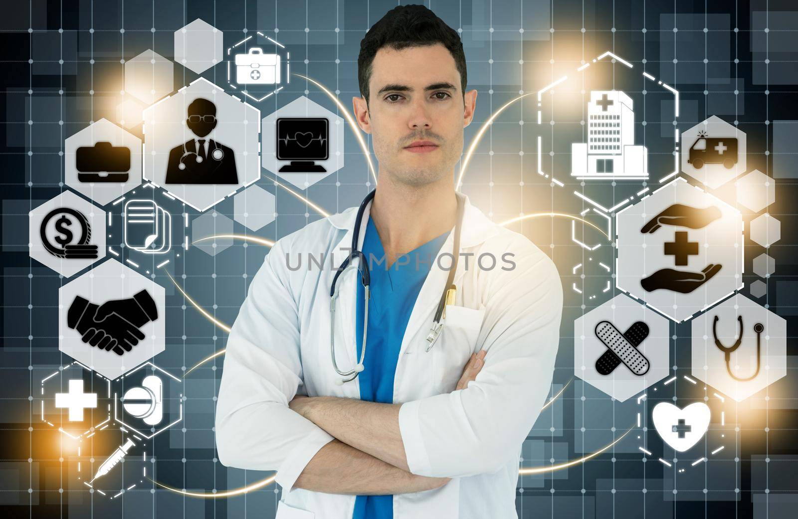 Medical Healthcare Concept - Doctor in hospital with digital medical icons graphic banner showing symbol of medicine, medical care people, emergency service network, doctor data of patient health.