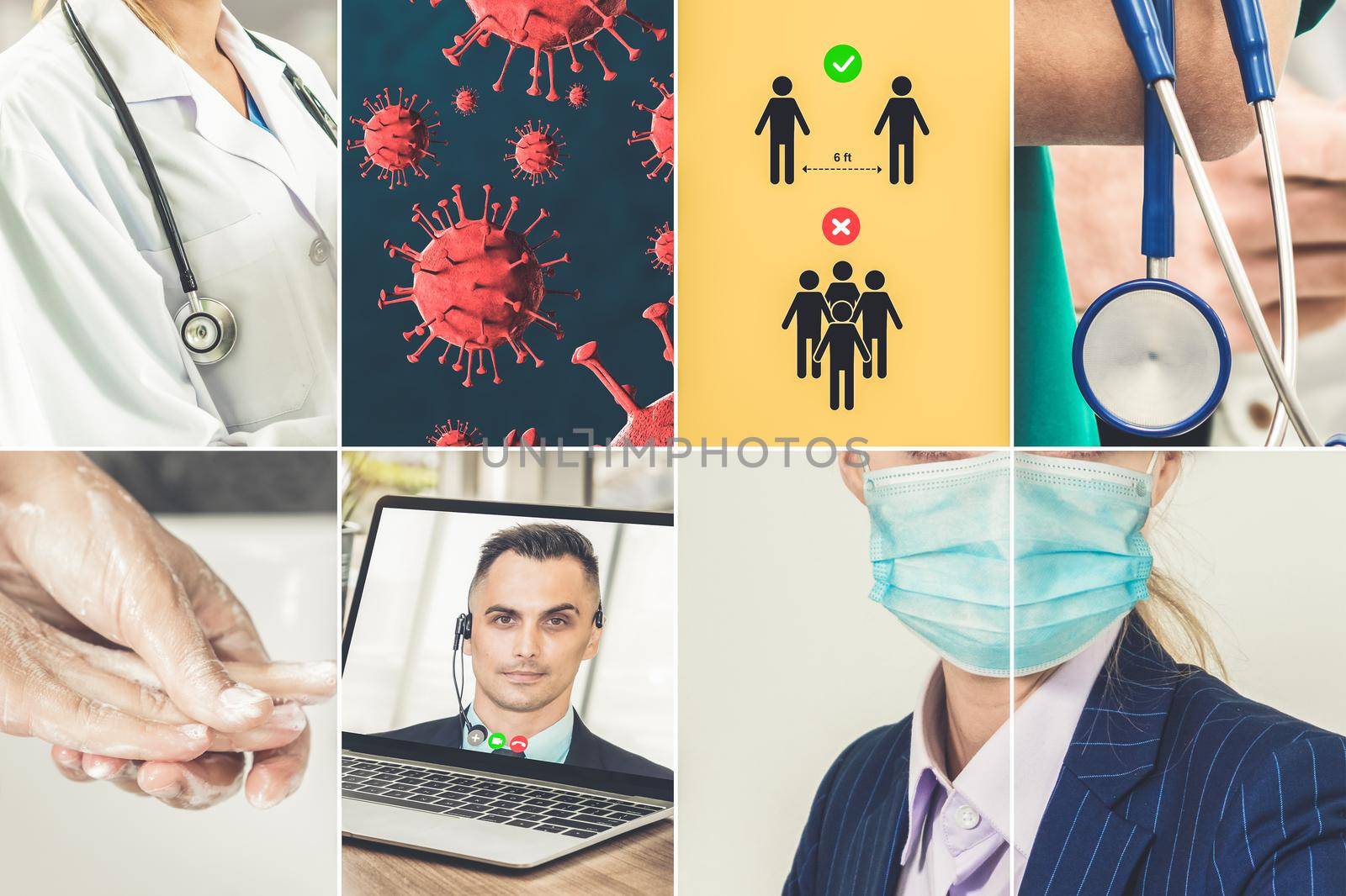 Coronavirus COVID-19 image set banner in concept of prevention information including safety precaution and doctor service to prevent spreading infection of covid-19 or 2019 Coronavirus Disease.