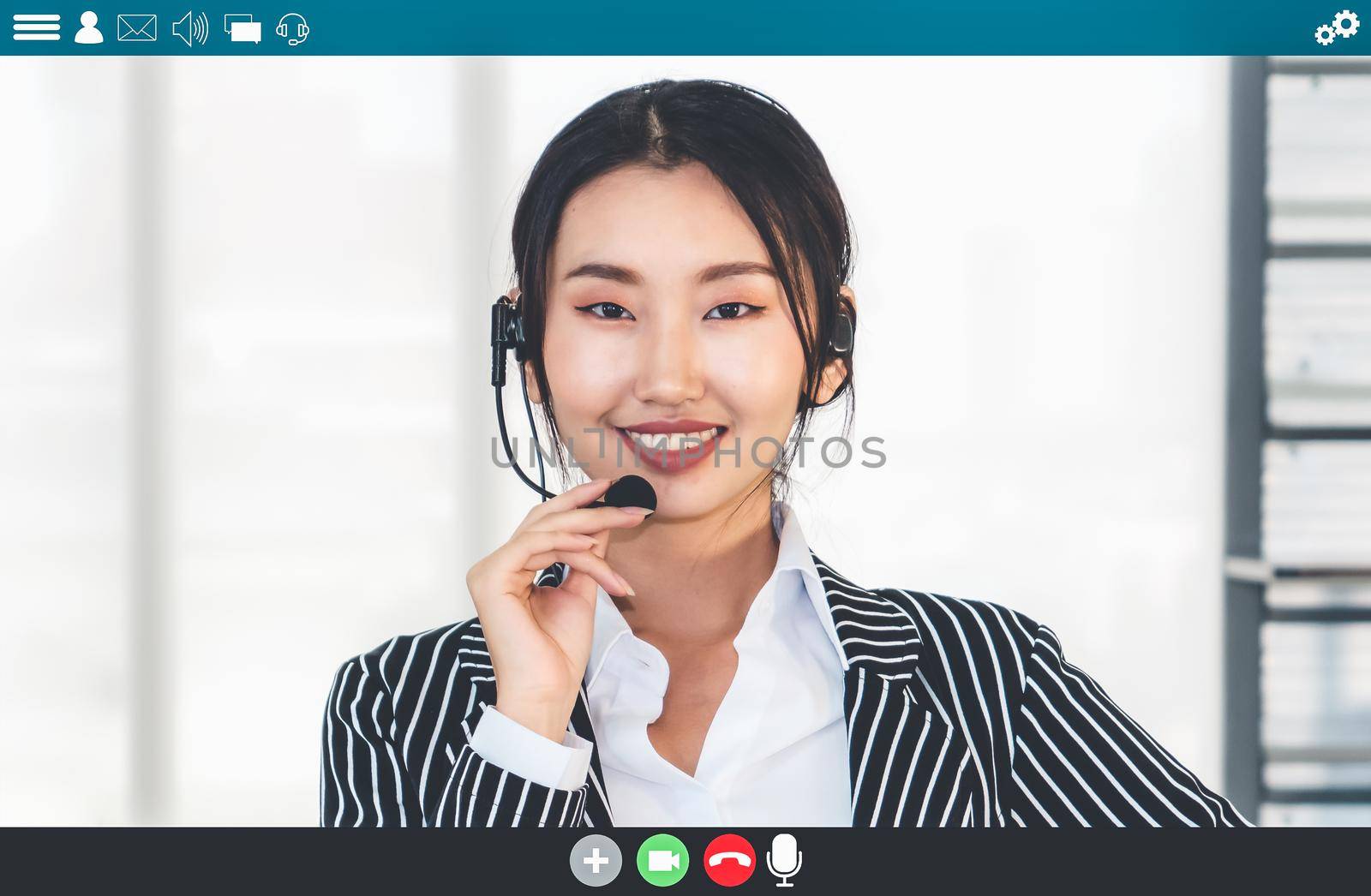 Business people meeting in video conference app on laptop monitor view . Online seminar application presented in cropped view of computer screen . Communication technology for corporate working .