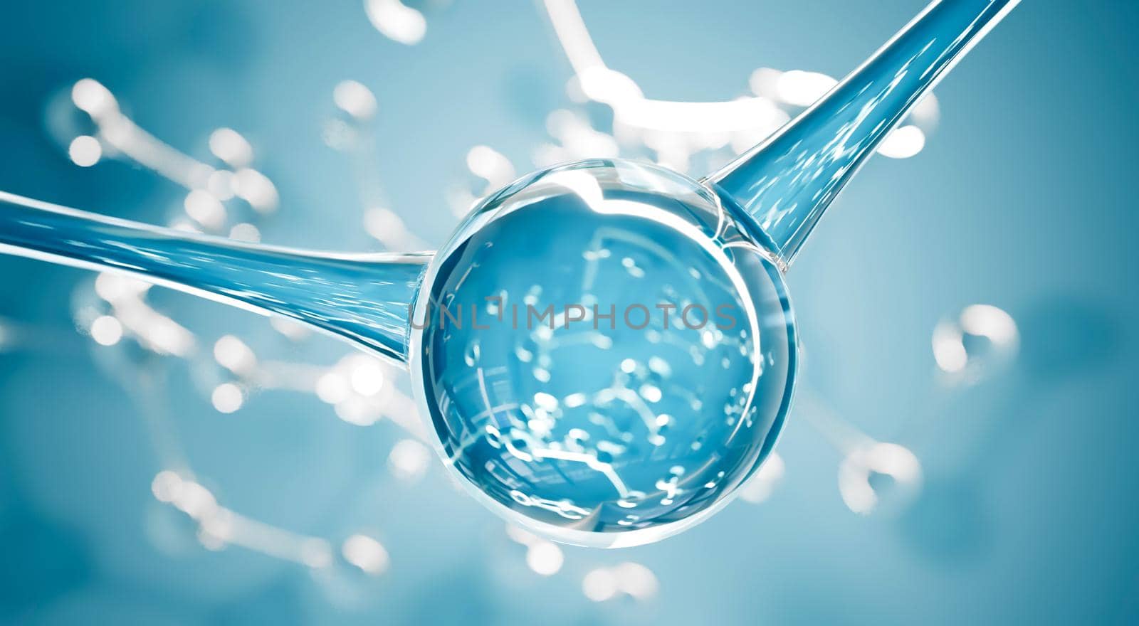 Abstract blue water molecules design. Atom close-up. Abstract chemistry science banner or flyer. Science or medical DNA background. 3d rendering illustration