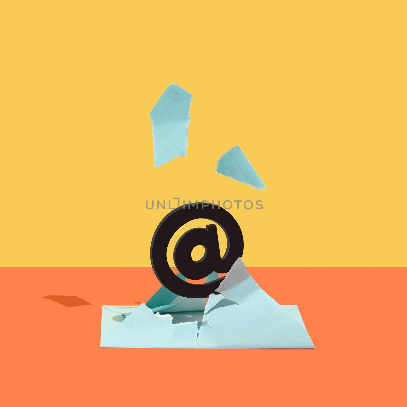 At, email sign, burst out of a blue envelope against orange and yellow background. by Nemo_Family