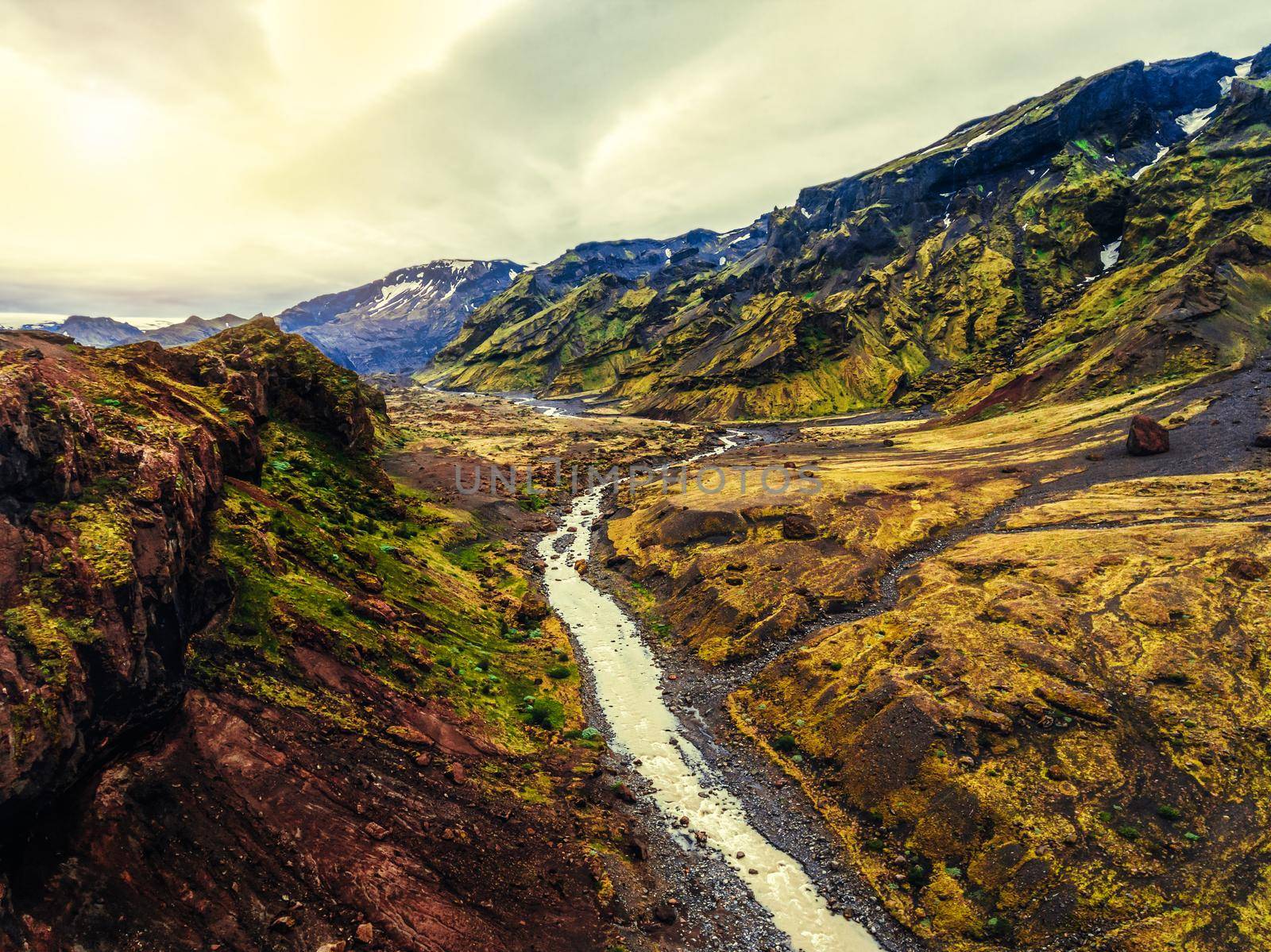 The beautiful unique aerial view landscape of Thorsmork in highland of Iceland.