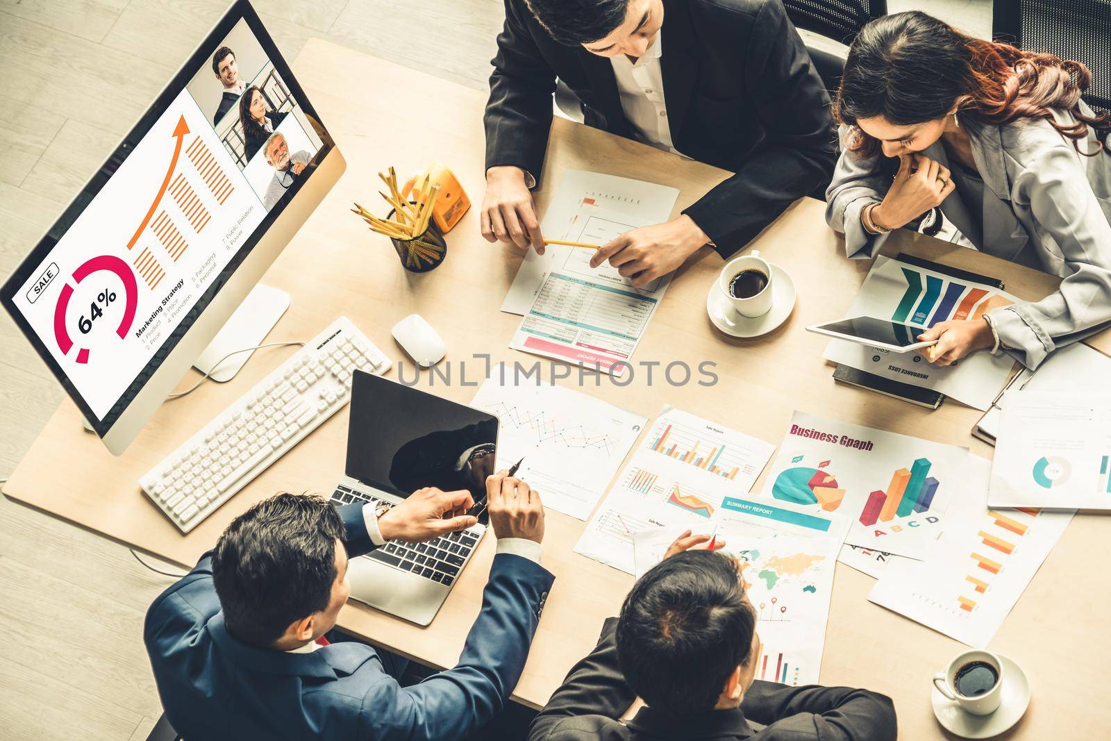 Video call group business people meeting on virtual workplace or remote office. Telework conference call using smart video technology to communicate colleague in professional corporate business.