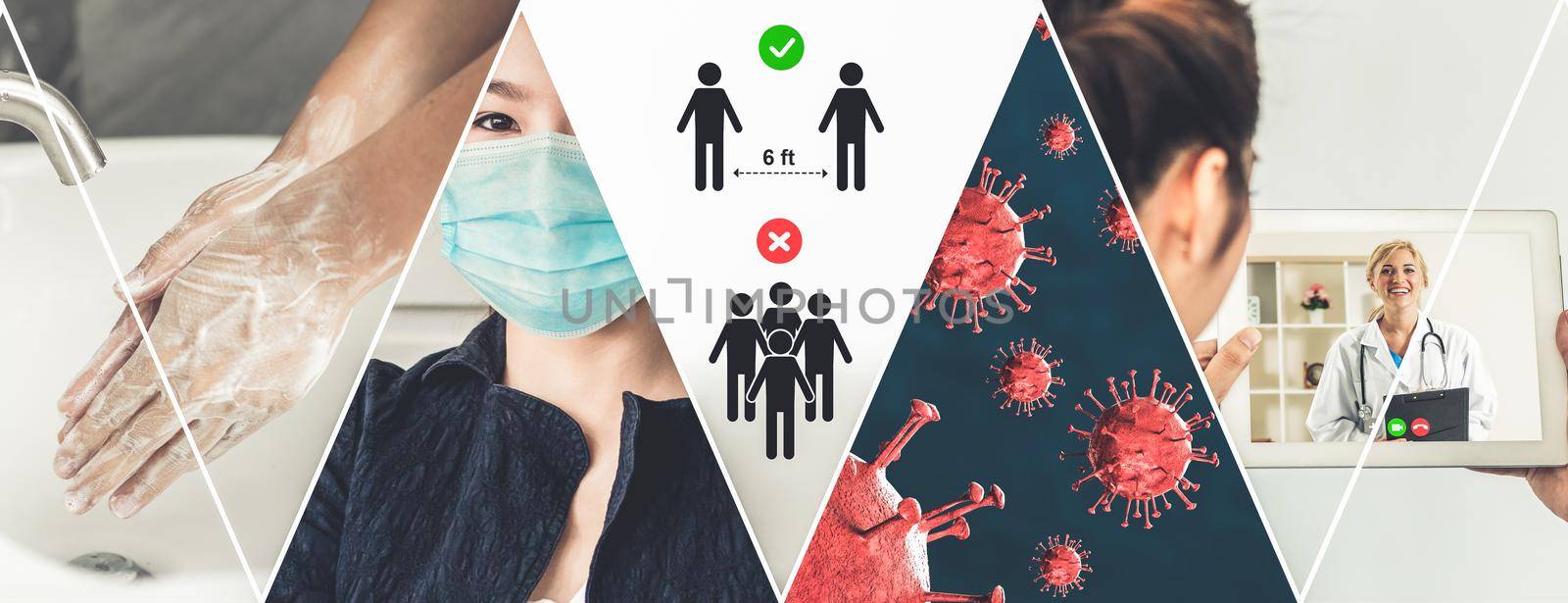 Coronavirus COVID-19 image set banner in concept of prevention information including safety precaution and doctor service to prevent spreading infection of covid-19 or 2019 Coronavirus Disease.