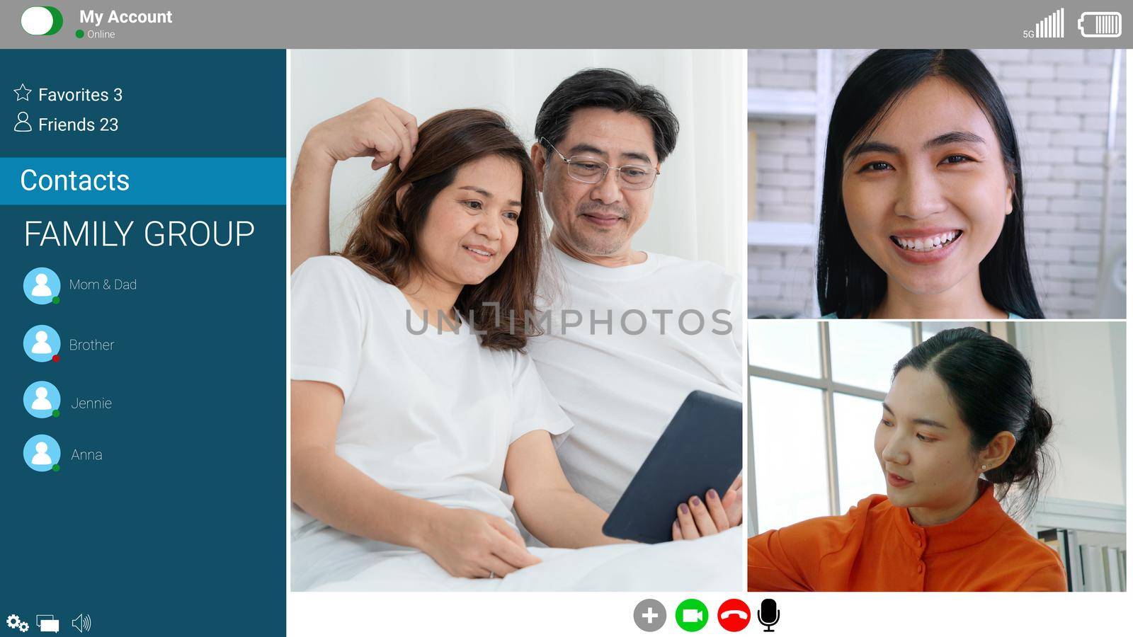 Happy family talking on internet video call at home by biancoblue