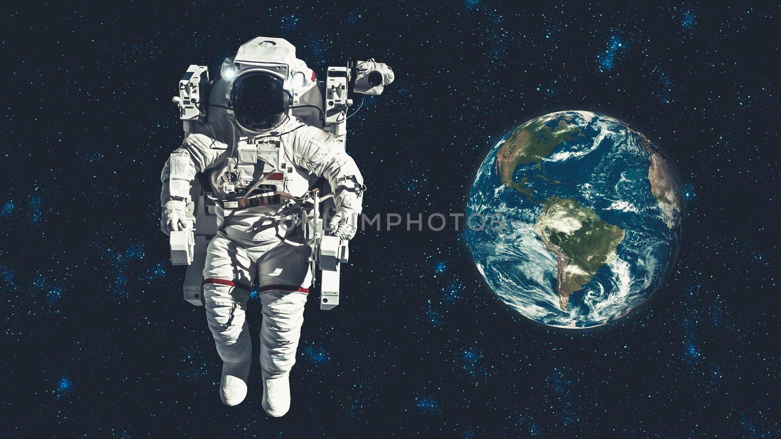 Astronaut spaceman do spacewalk while working for spaceflight mission at space station . Astronaut wear full spacesuit for operation . Elements of this image furnished by NASA space astronaut photos .