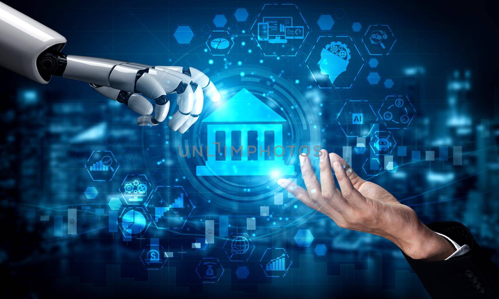 3D rendering artificial intelligence AI research of robot and cyborg development for future of people living. Digital data mining and machine learning technology design for computer brain.