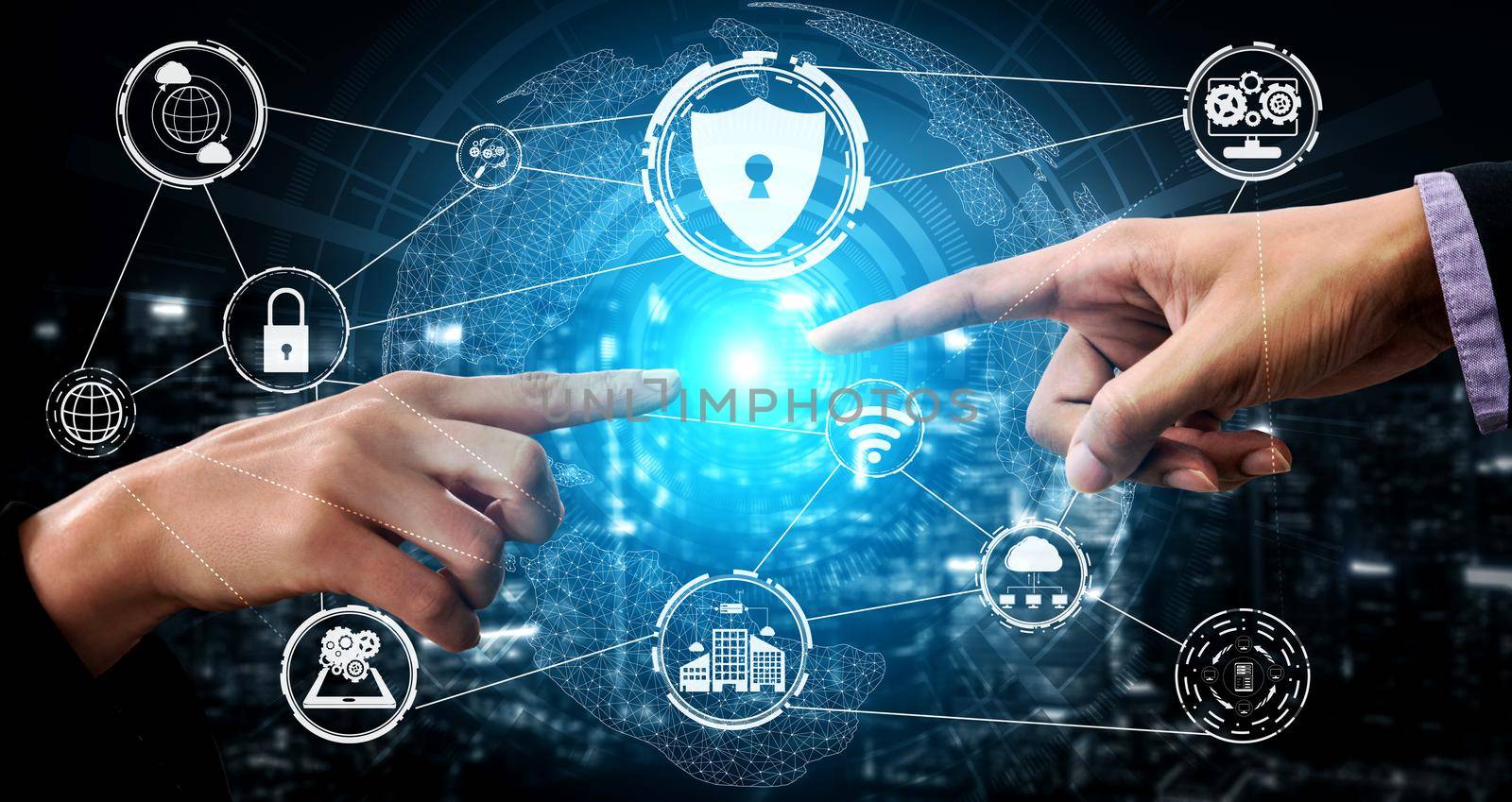 Cyber Security and Digital Data Protection Concept. Icon graphic interface showing secure firewall technology for online data access defense against hacker, virus and insecure information for privacy.