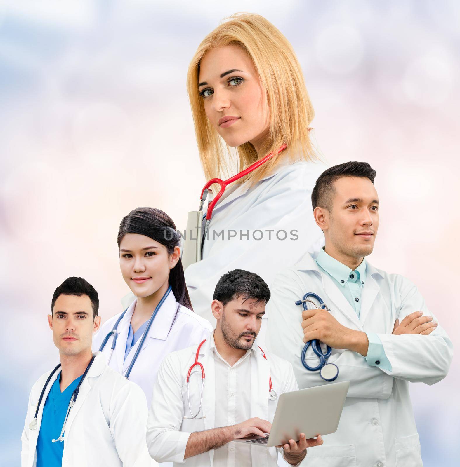 Healthcare people group portrait in creative layout. Professional medical staff, doctors, nurse and surgeon. Medical technology research institute and doctor staff service concept.