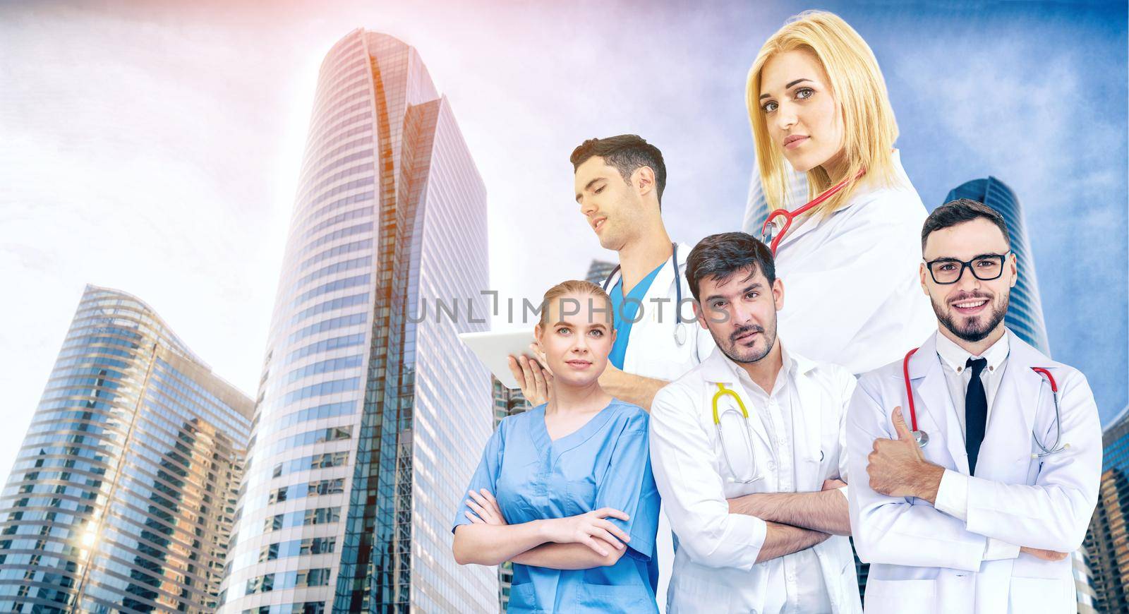 Healthcare people group portrait in creative layout. Professional medical staff, doctors, nurse and surgeon. Medical technology research institute and doctor staff service concept.