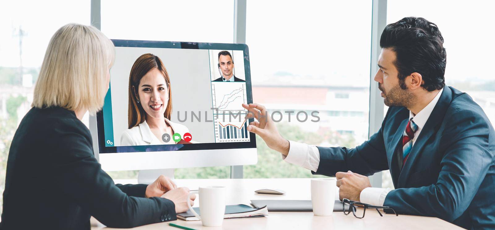 Video call group business people meeting on virtual workplace or remote office by biancoblue