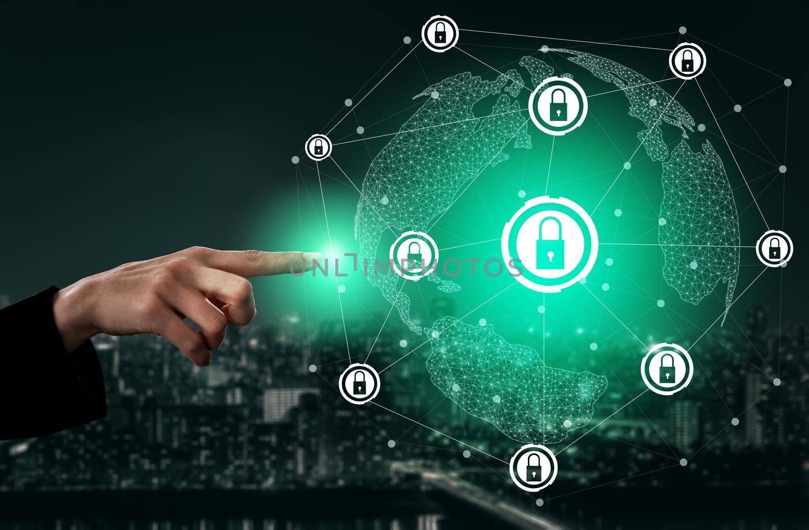 Cyber Security and Digital Data Protection Concept. Icon graphic interface showing secure firewall technology for online data access defense against hacker, virus and insecure information for privacy.