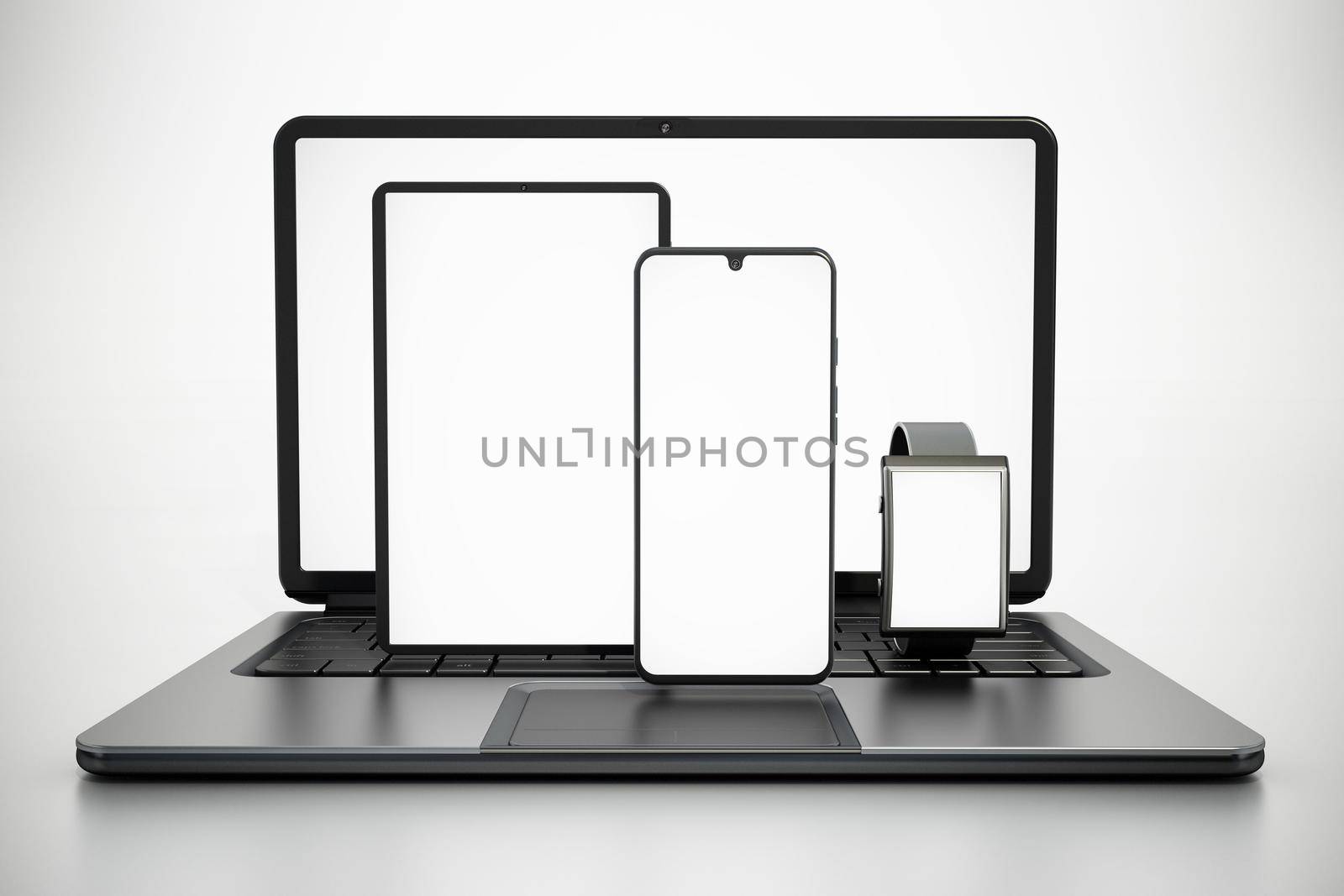 Mobile devices with blank screens isolated on white background. 3D illustration by Simsek