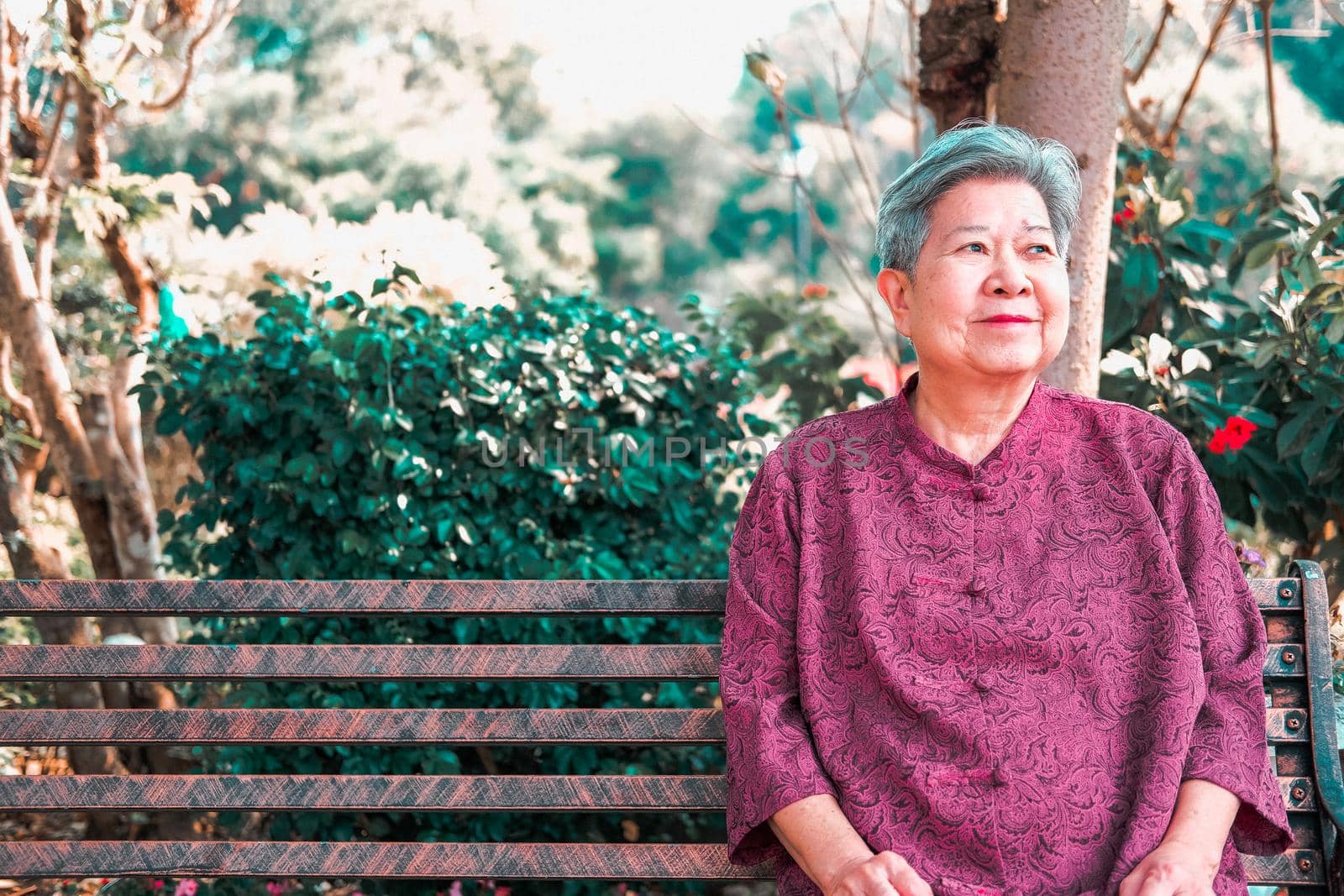 old elder woman resting in garden. asian elderly female relaxing in park. senior leisure lifestyle