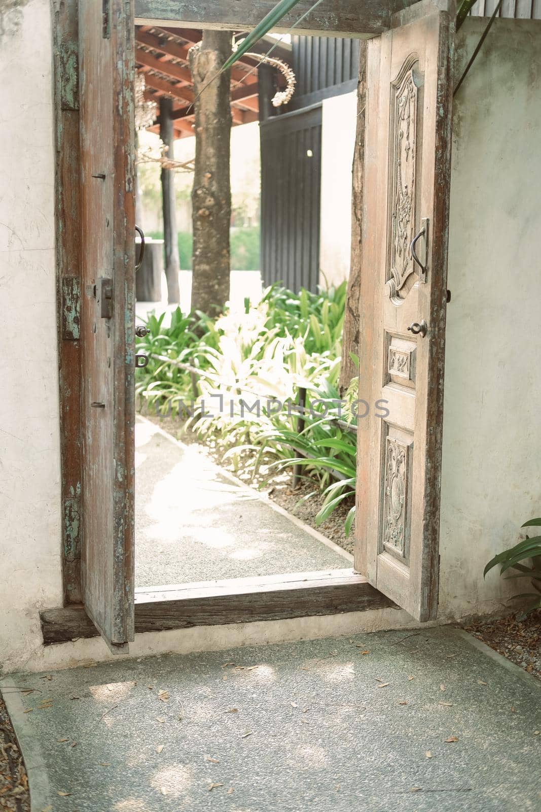old vintage wooden door & walkway to garden by pp99