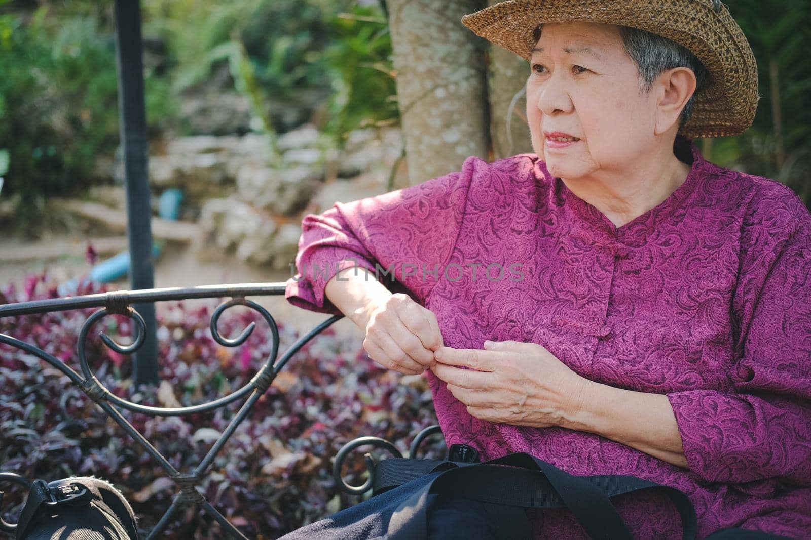 old elder woman resting in garden. asian elderly female relaxing in park. senior leisure lifestyle