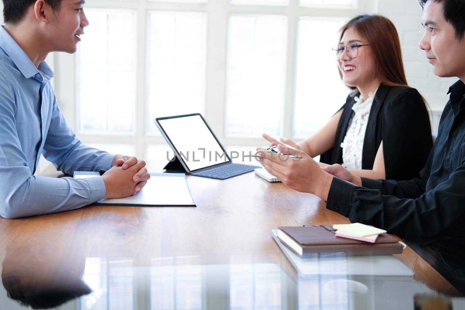 human resource manager interviewing candidate for job vacancy. applicant explaining profile for career recruitment