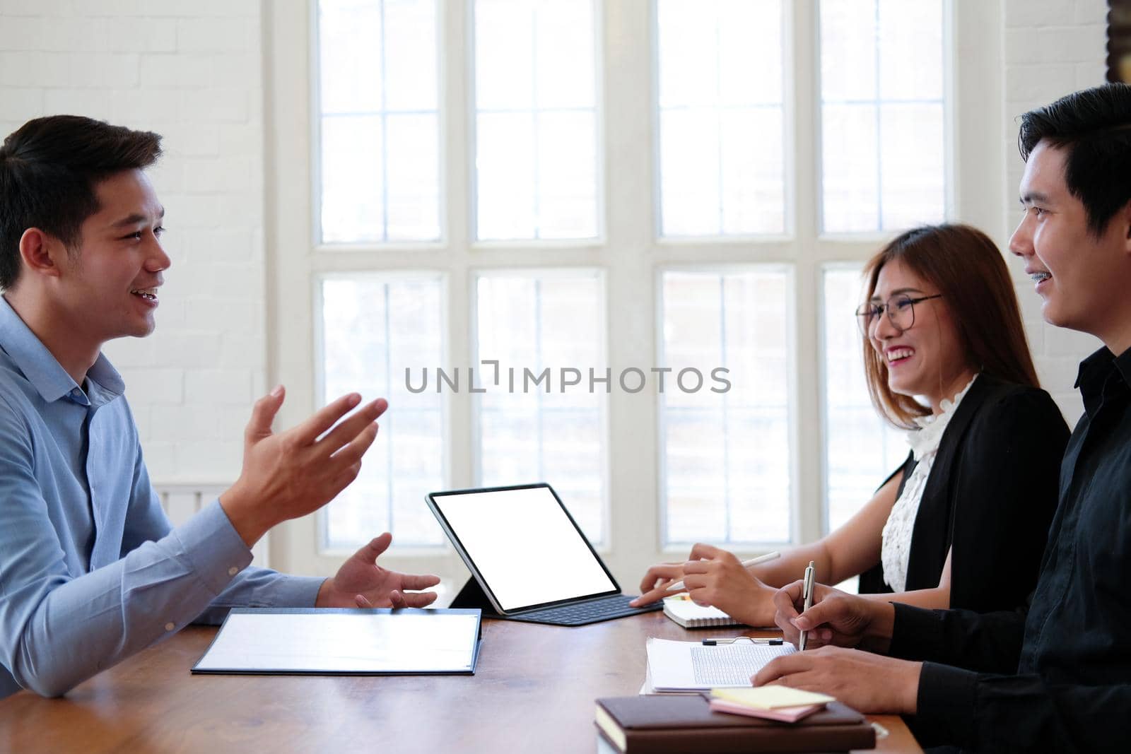 human resource manager interviewing candidate for job vacancy. applicant explaining profile for career recruitment