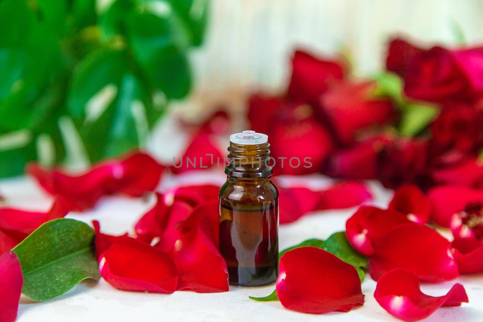 Rose essential oil in a small bottle. Selective focus. Nature.