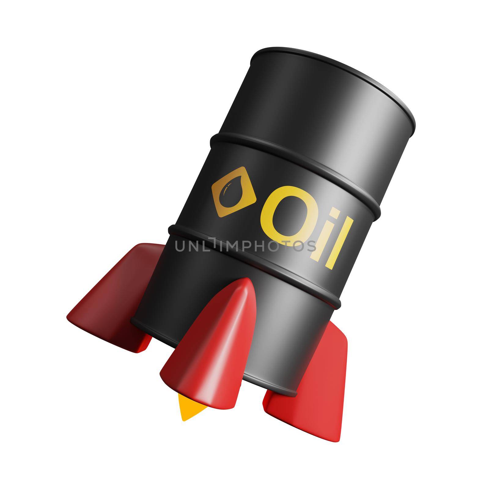 Crude oil price concept design of oil barrel rocket isolated on white background 3D render by Myimagine