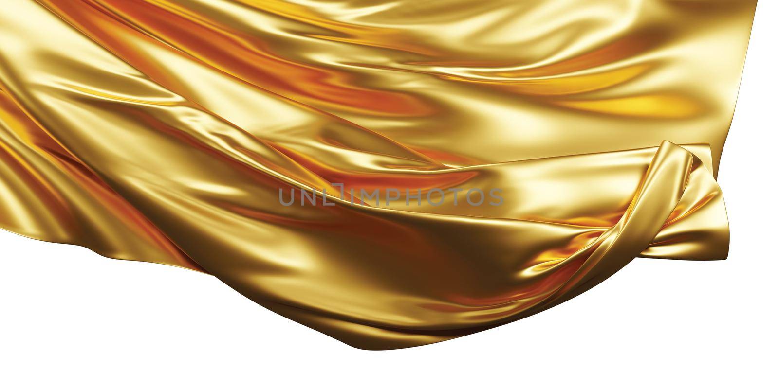 Golden fabric flying in the wind isolated on white background 3D render