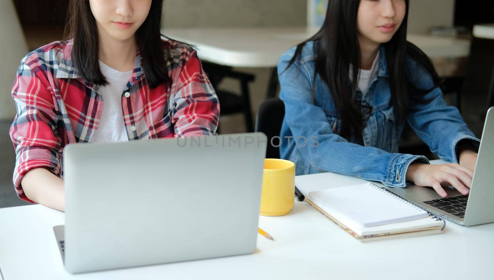 girl teenager college high school student studying with computer laptop