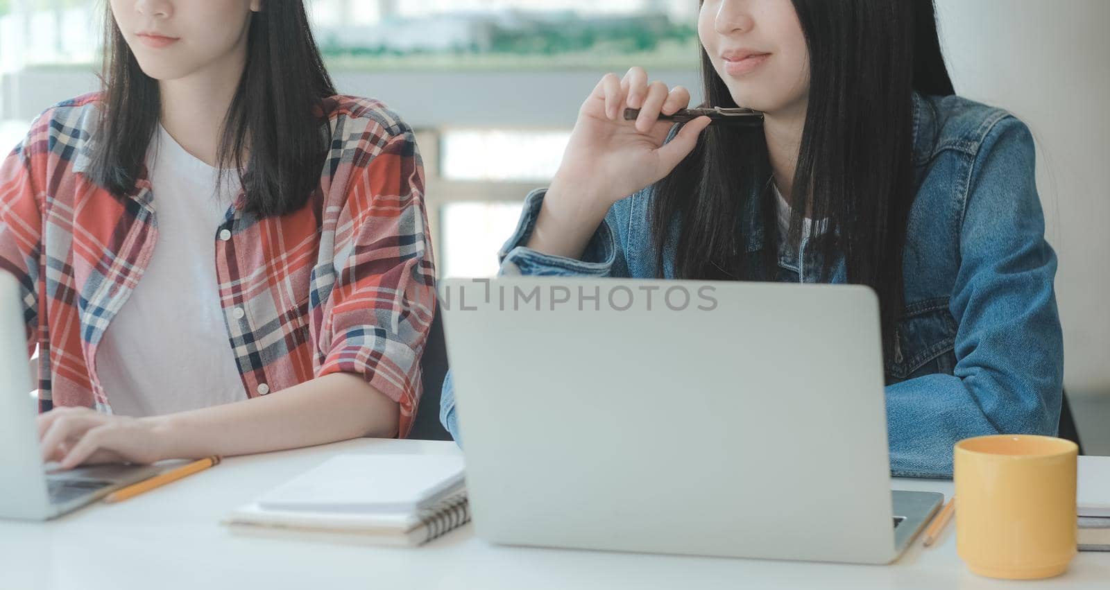 girl teenager college high school student studying with computer by pp99