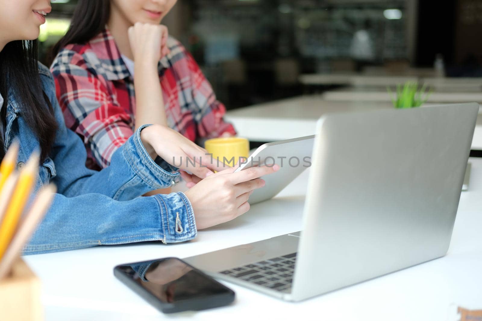 girl teenager college high school student studying with tablet computer laptop