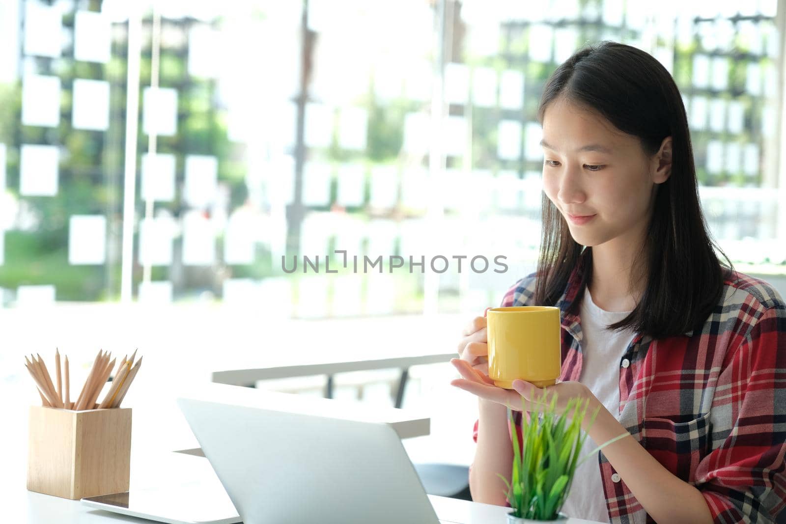 girl teenager college high school student studying with computer laptop