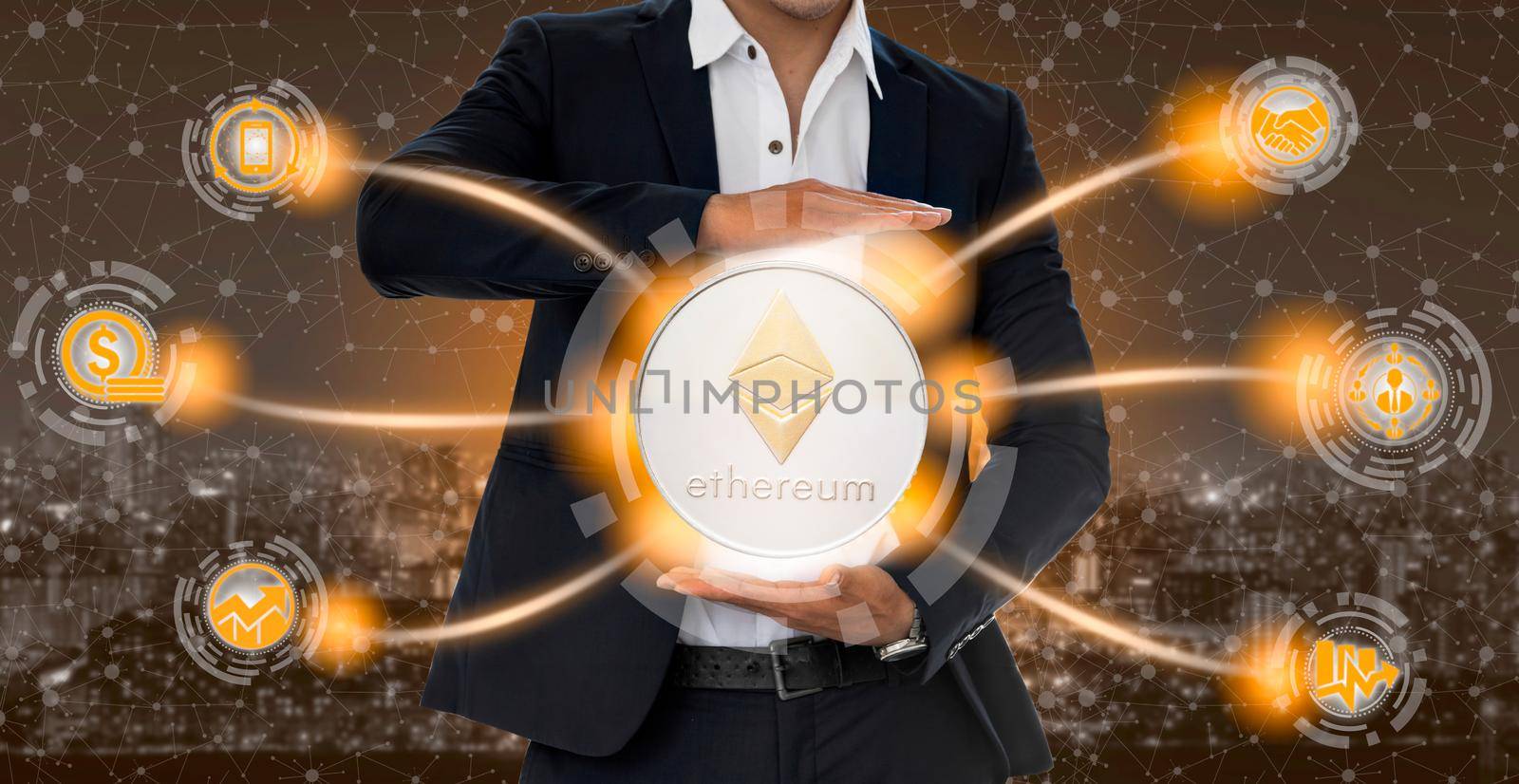 Ethereum and cryptocurrency investing concept - Businessman holding Ethereum (ETH) with mobile application business icons showing exchanging, trading, transfer and investment of blockchain technology.